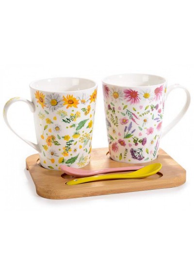 Set 2 Tazze Grandi con Cucchiaini in porcellana su Vassoietto in Legno - cm 9 x 11 - Design 14zero3