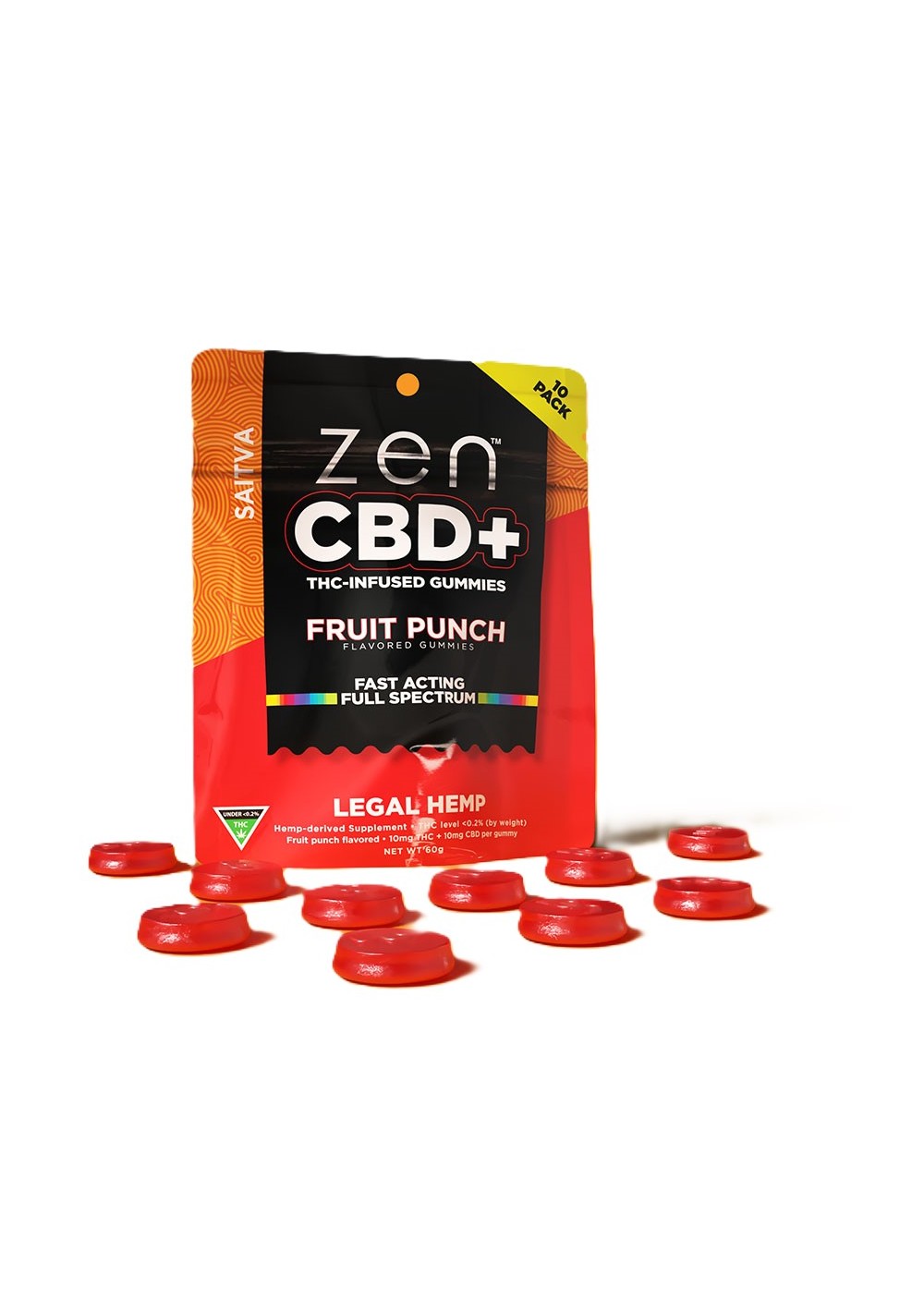 Zen CBD THC+ Gummies Fruit Punch Sativa, 10pcs, 100mg CBD + 100mg THC - Zen CBD