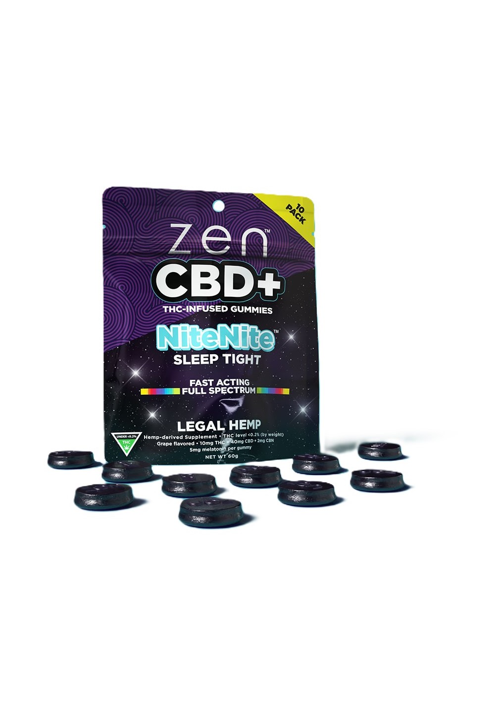 Zen CBD THC+ Gummies Grape NiteNite, 10pcs, 400mg CBD + 100mg THC + 50mg Melatonin - Zen CBD
