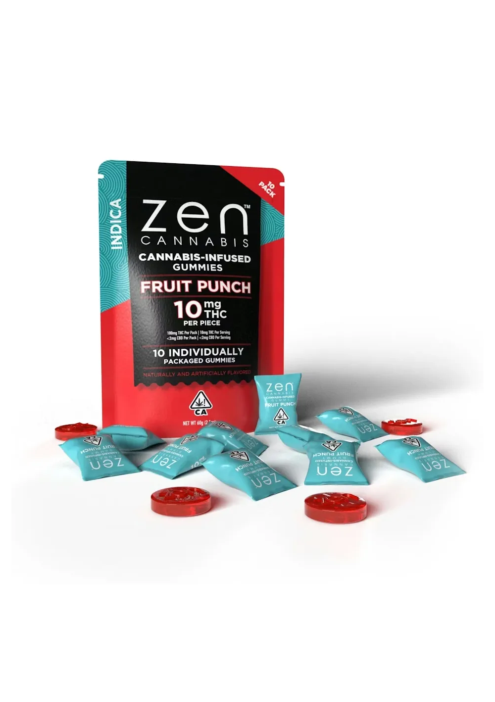 Zen CBD THC+ Gummies Fruit Punch Indica, 10pcs, 100mg CBD + 100mg THC - Zen CBD