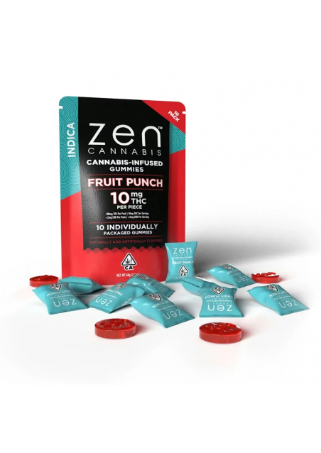 Zen CBD THC+ Gummies Fruit Punch Indica, 10pcs, 100mg CBD + 100mg THC - Zen CBD
