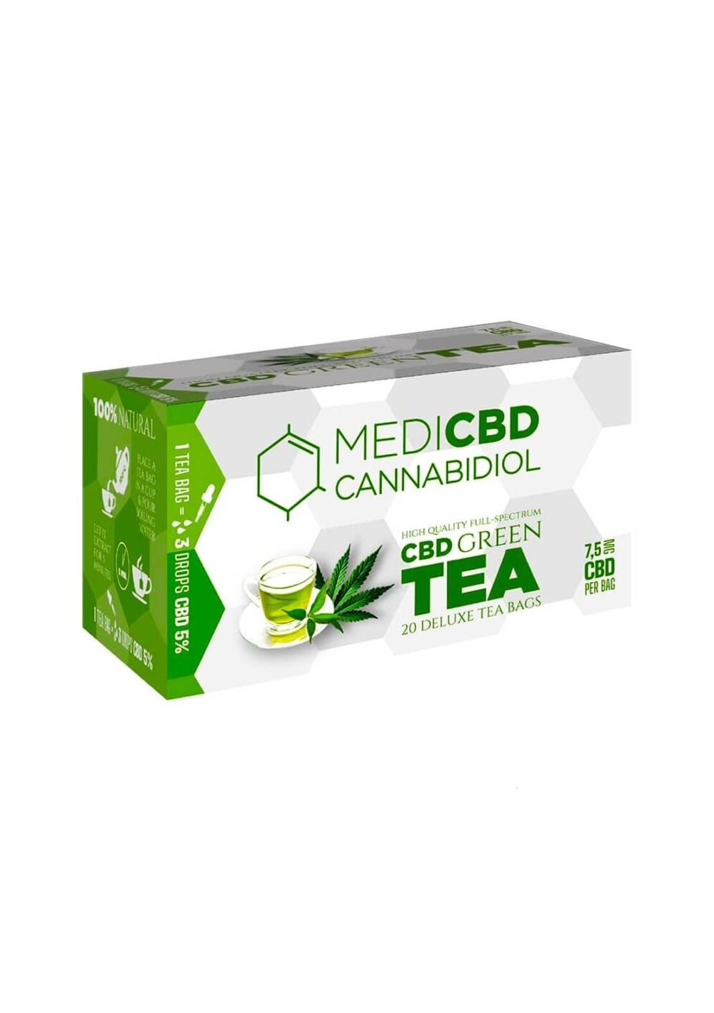Cannabis Green Tea with 7.5mg CBD per bag, 20 bags, THC Free - MediCBD